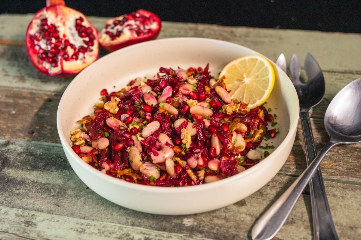 Raw Beet Salad with White Beans, Pomegranate Seeds, and Black Walnuts - Rancho Gordo