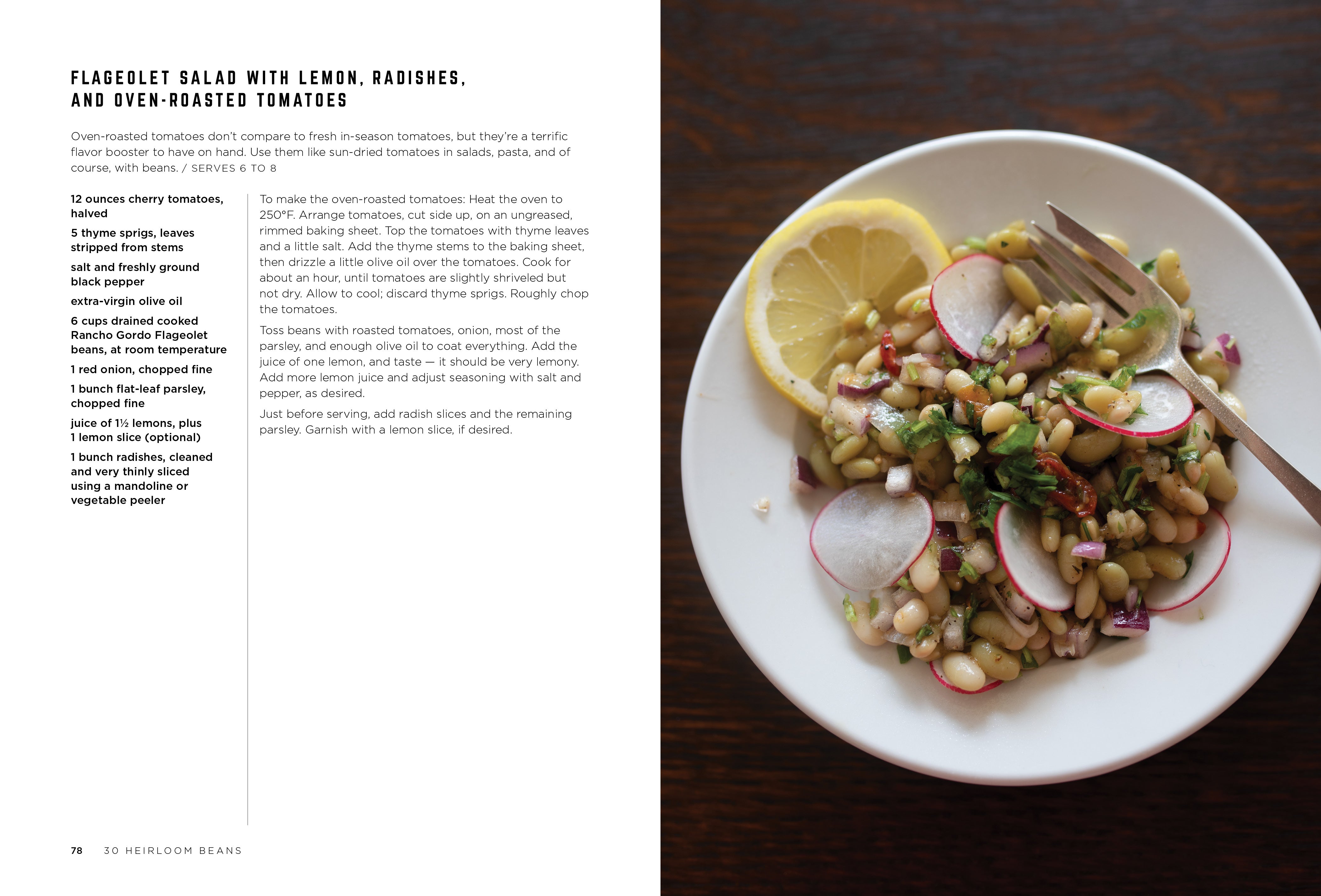 Rancho Gordo Heirloom Bean Guide open book and close up of the Flageolet salad recipe 