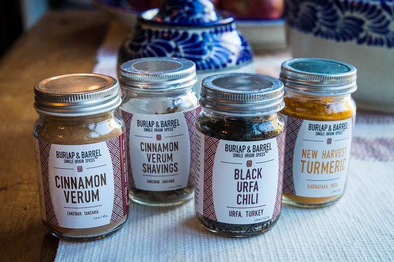 Four different Burlap and Barrel Spices: Cinnamon Verum, Cinnamon Verum Shavings, Black Urfa Chili, New Harvest Turmeric. 