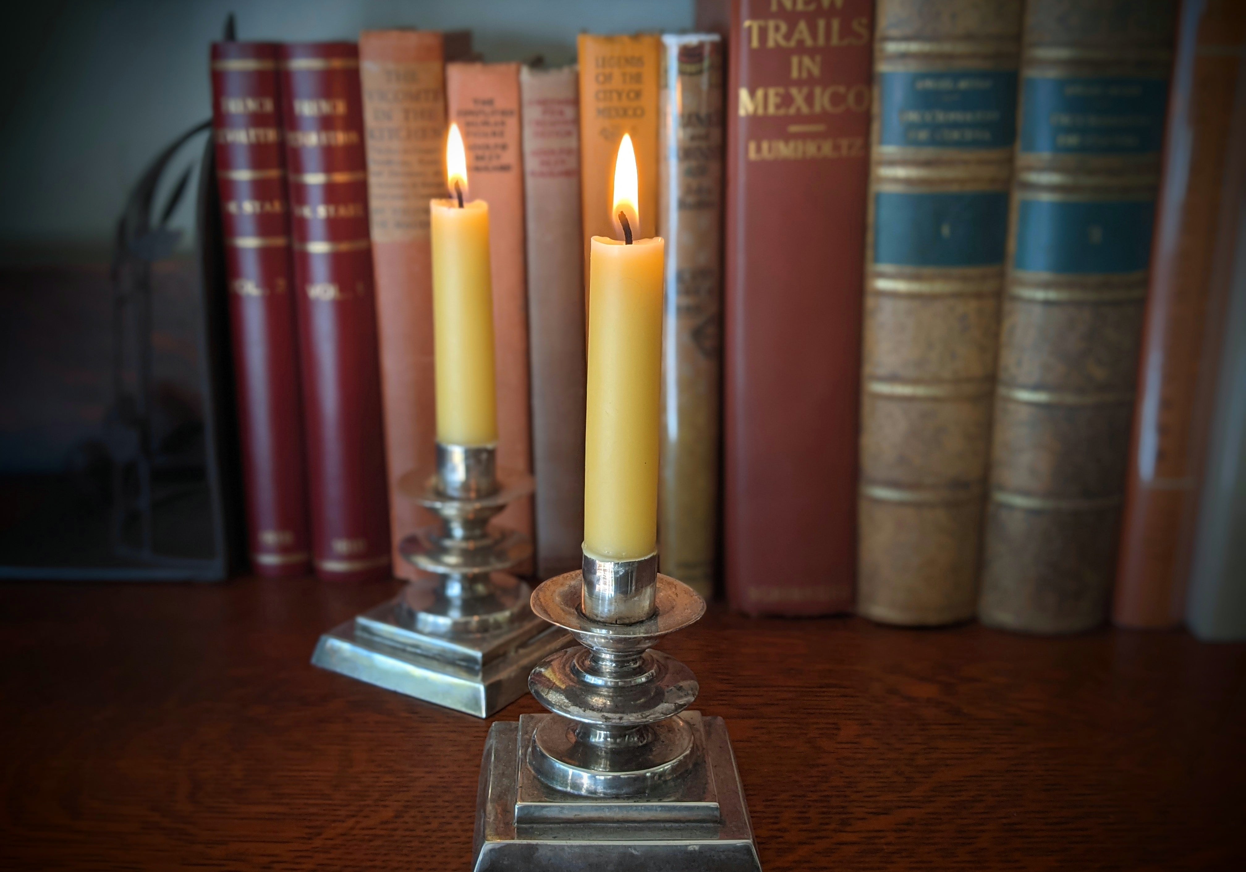 Two Rancho Gordo Bluecorn Beeswax Candles with a candle holder. Behind there's a row of books