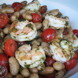 Mayocoba bean salad with shrimp and half cut cherry tomatoes, mixed with pesto - Rancho Gordo, Heirloom beans