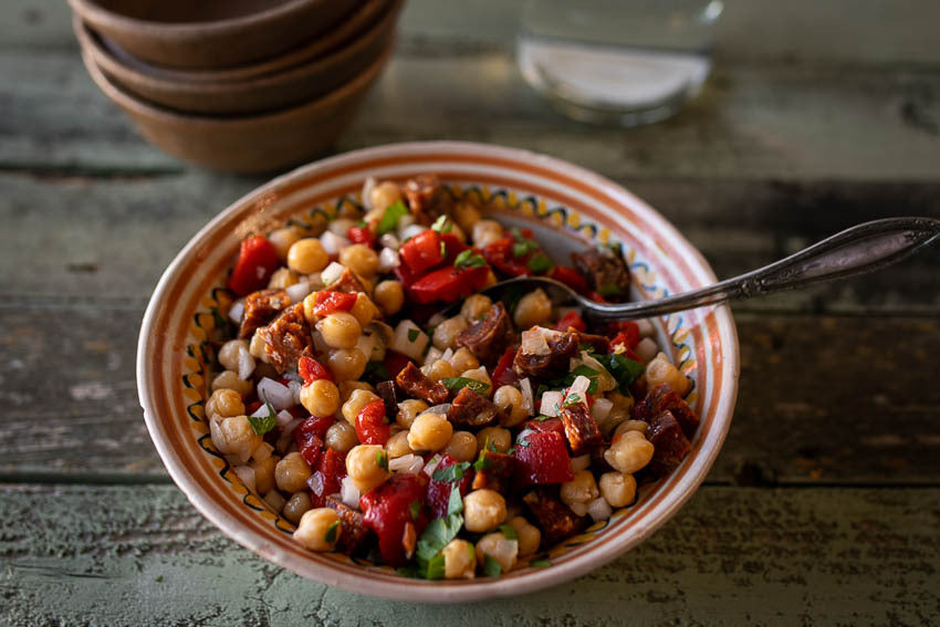 Rancho Gordo cooked Garbanzo bean with bell peppers and chorizo. 
