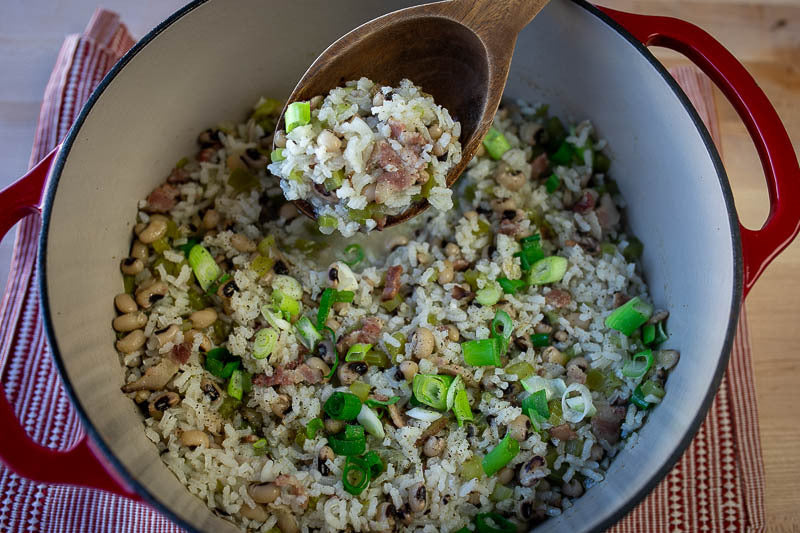 Rancho Gordo cooked Black Eyed Peas with Carolina Gold Rice and celery 