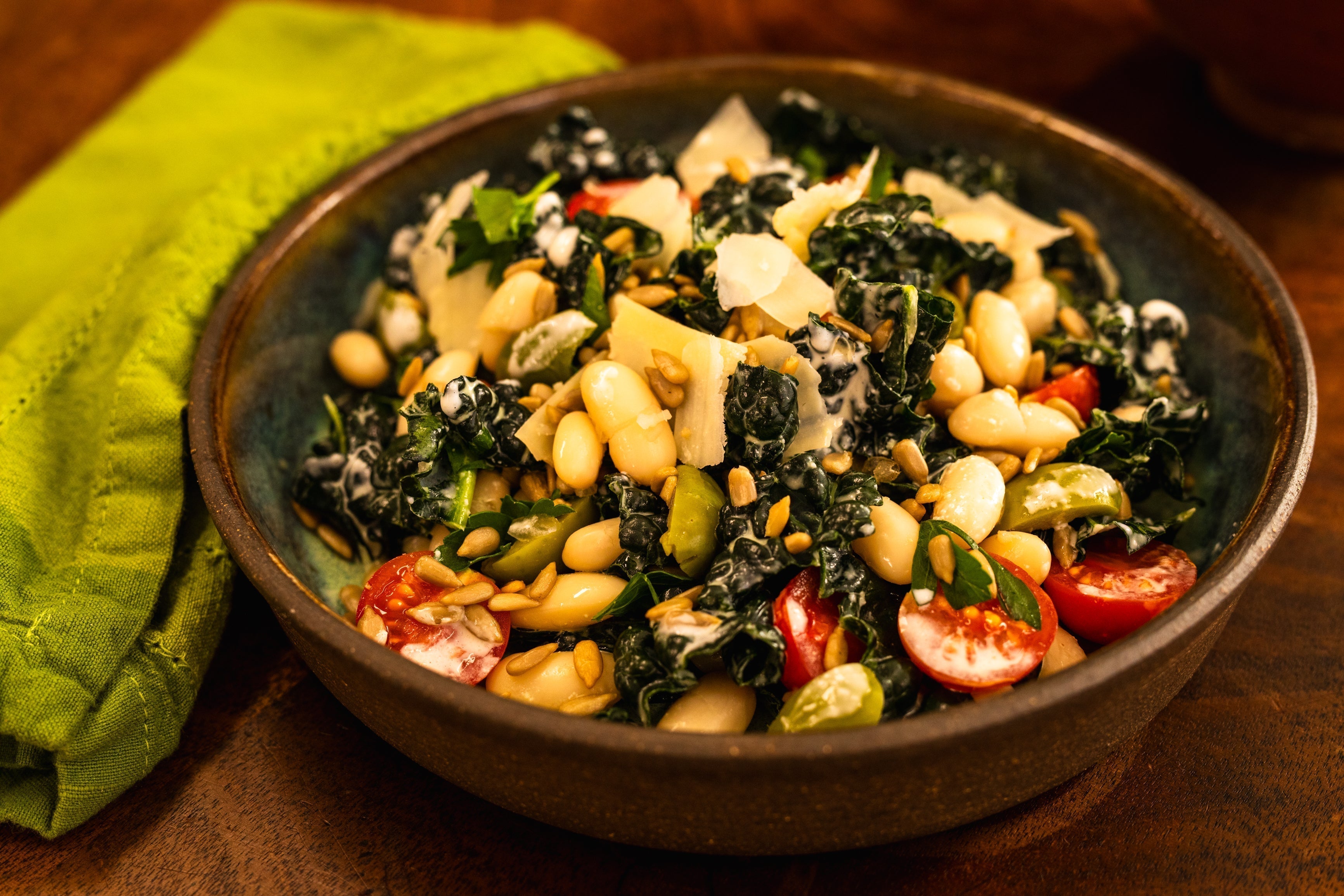 Emily Nunn's Kale Salad with White Beans, Green Olives, Creamy Parmesan