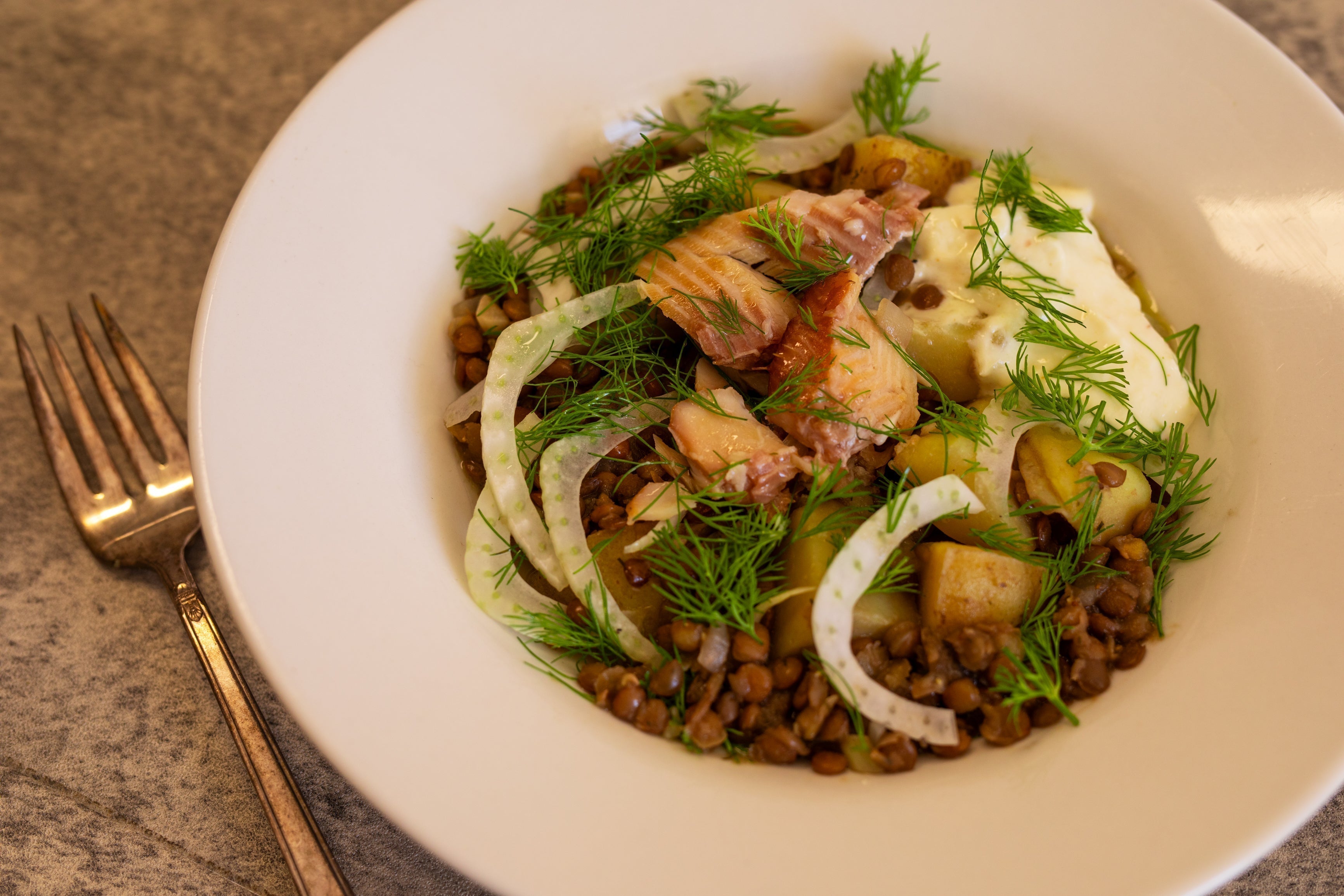 Pardina Lentil and Potato Salad with Smoked Trout and Horseradish