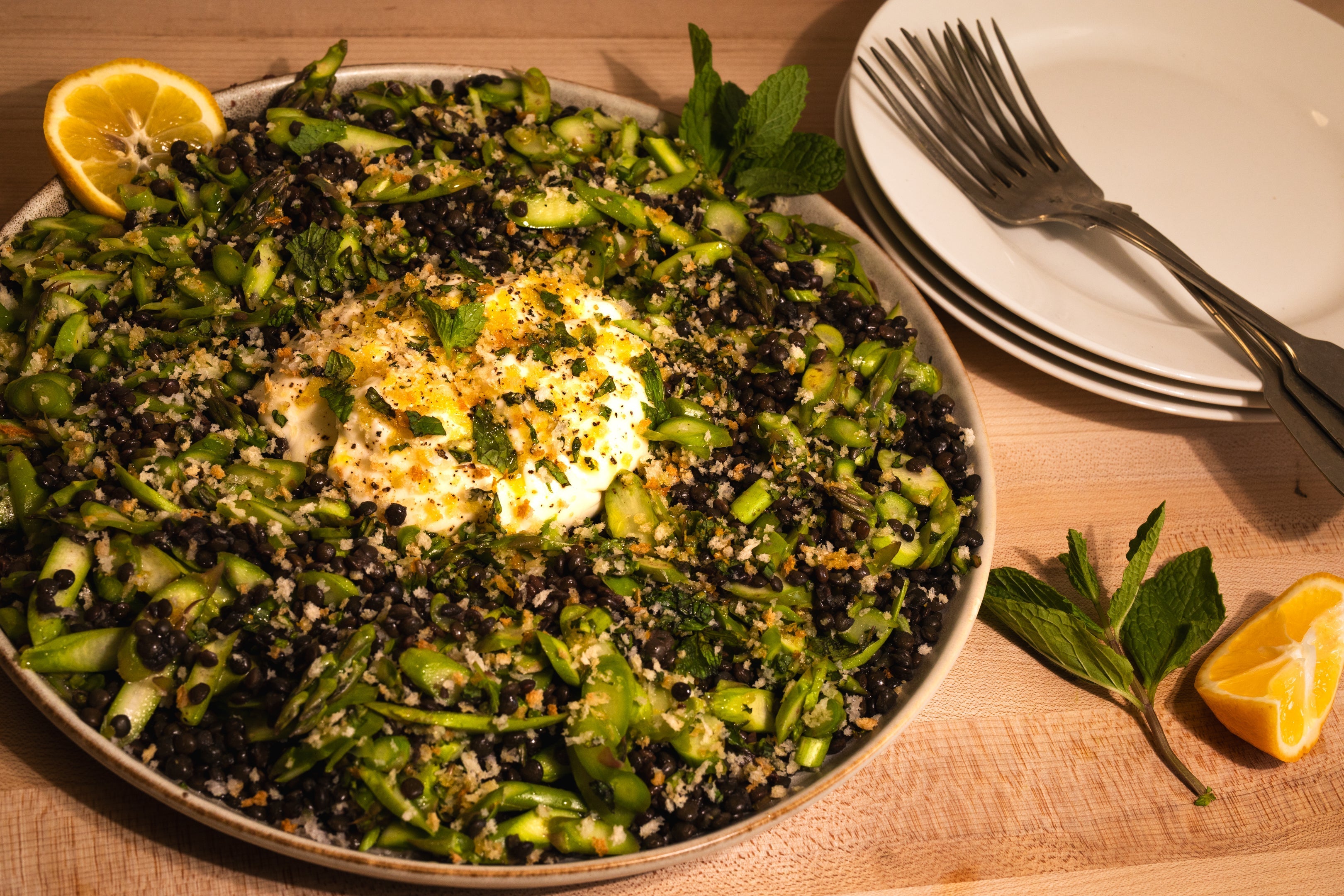 Raw Asparagus and Lentil Salad with Lemon, Mint, and Burrata