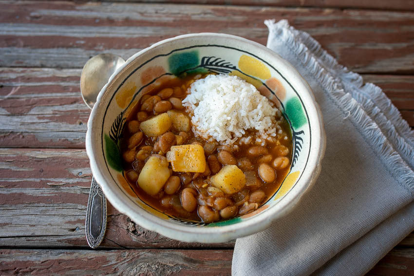 Rancho Gordo cooked beans with potato and white rice
