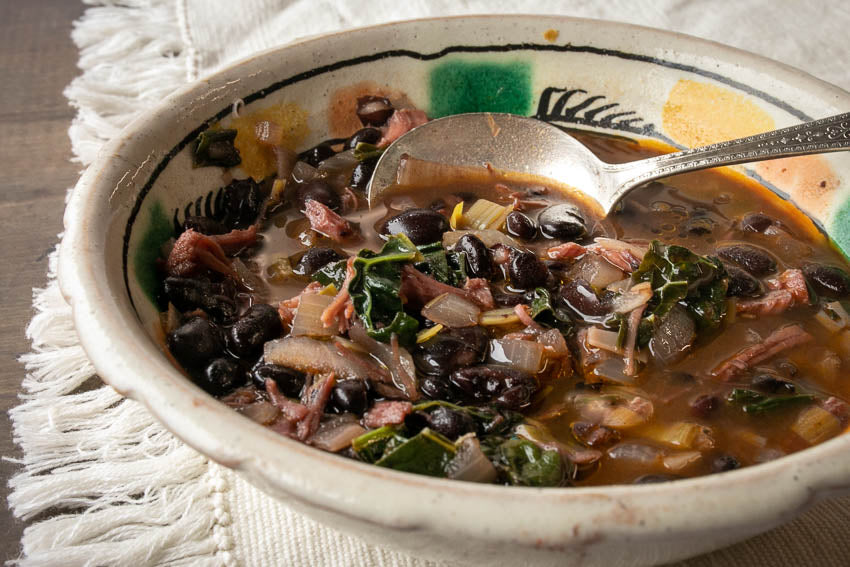Rancho Gordo cooked Chiapas Black bean with leek and kale 