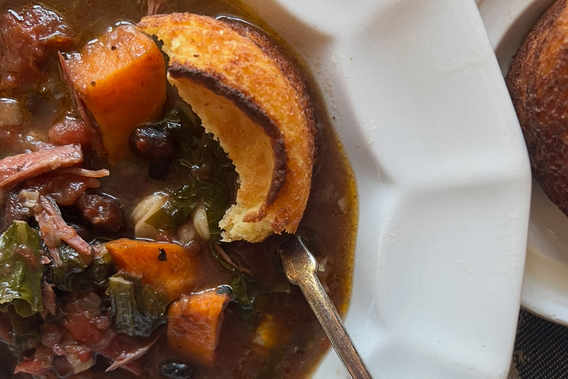 Scott Peacock's Hearty Stew-Leaning Soup of Moro Beans with Cold-Weather Textures and Flavors