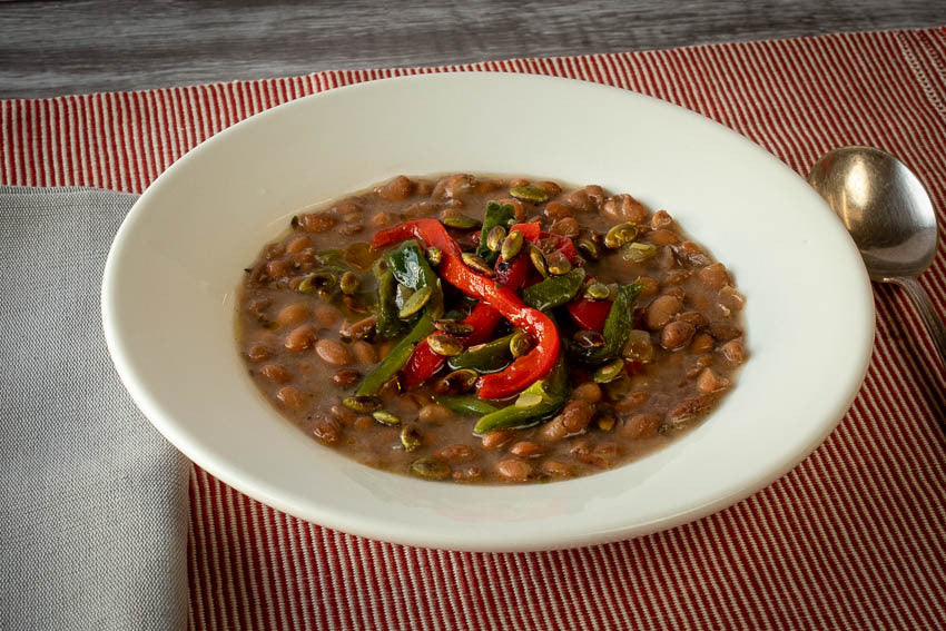 Rancho Gordo cooked Buckeye bean with peppers and pumpkin seeds