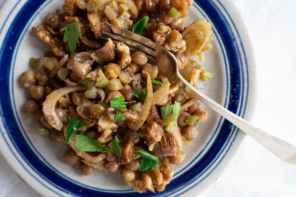 Garbanzo Salad with Celery, Fennel, Chorizo, and Walnuts