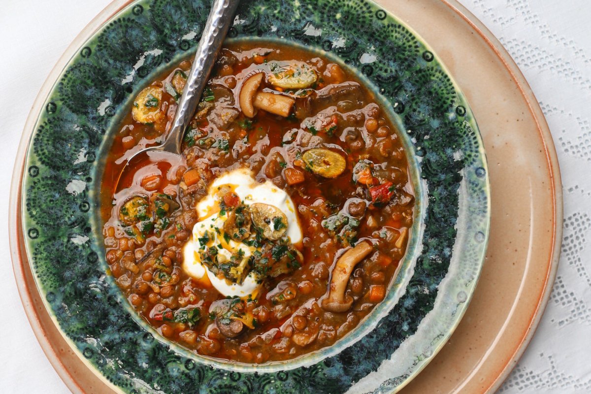 Asha's Hearty Lentil & Mushroom Soup - Rancho Gordo