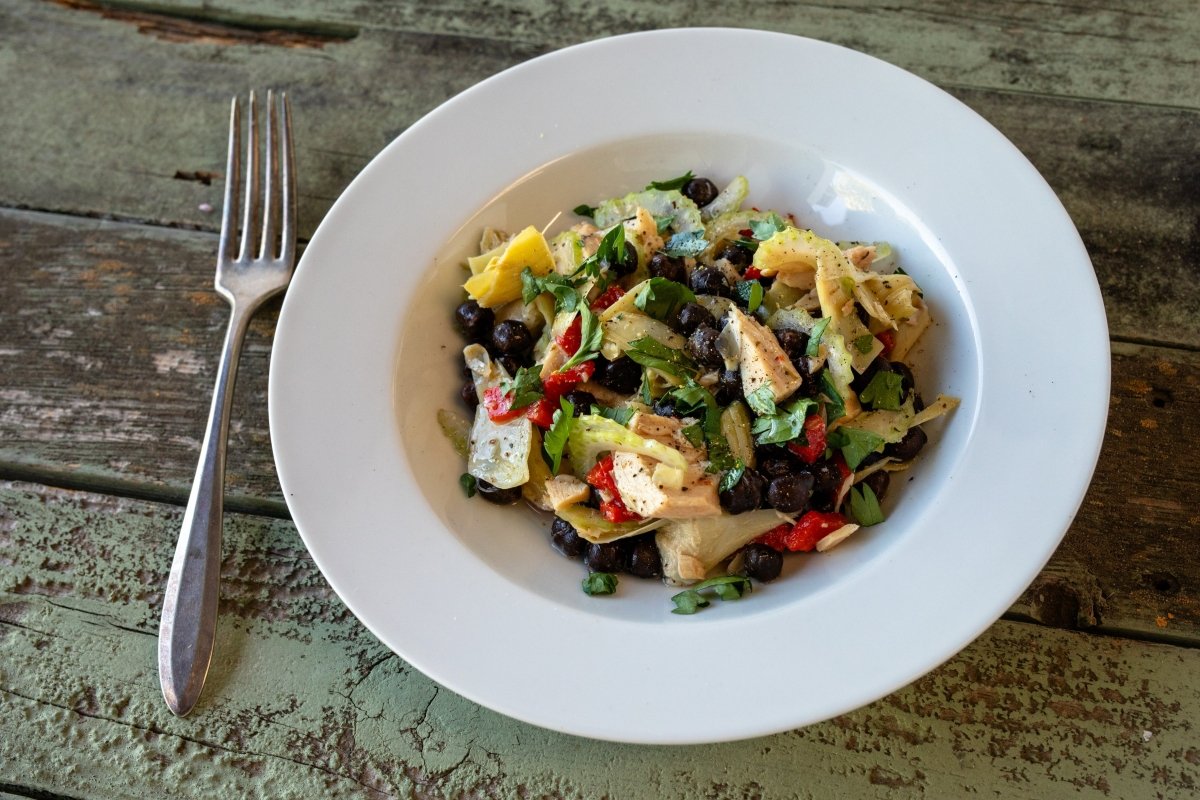 Black Garbanzo Salad with Tuna and Artichoke Hearts - Rancho Gordo