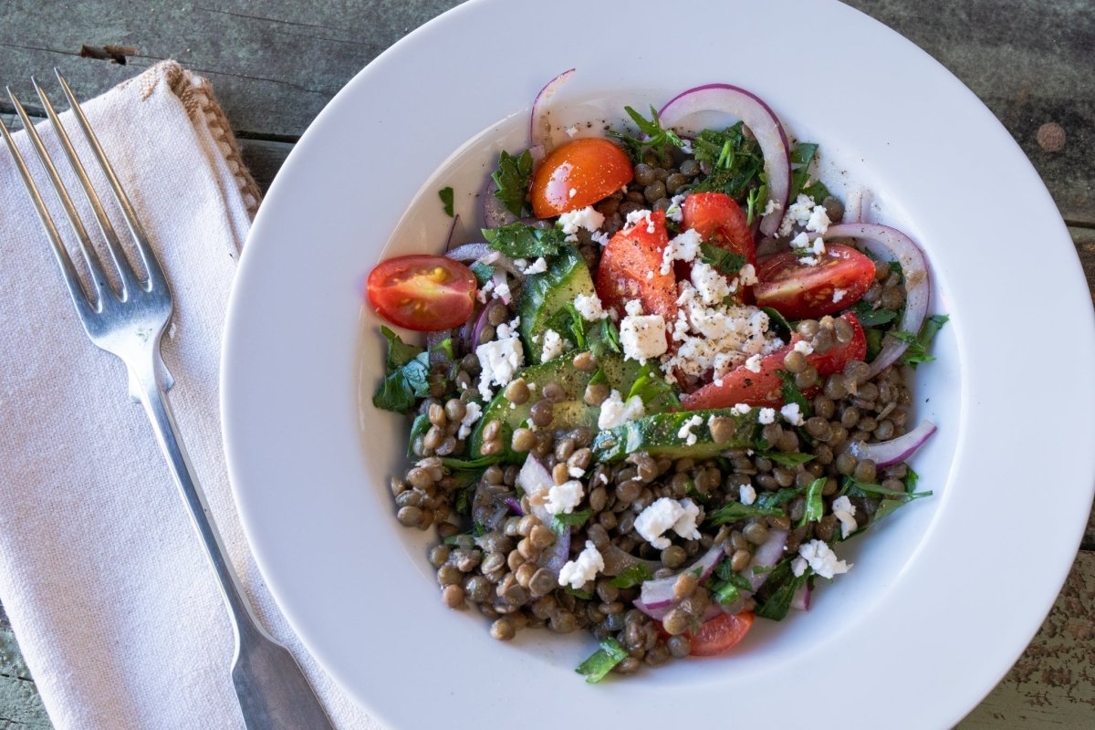 Lentil Salad with Tomatoes, Cucumber, and Feta Cheese - Rancho Gordo