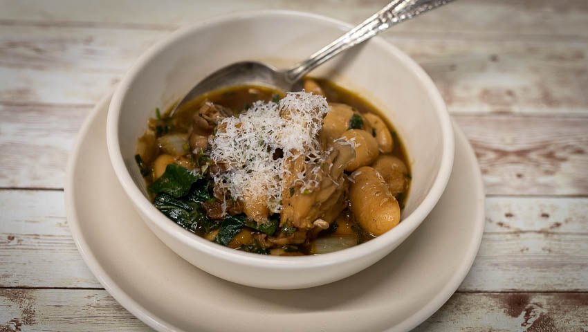 Royal Corona Bean and Wine Forest Mushroom Stew with Swiss Chard - Rancho Gordo