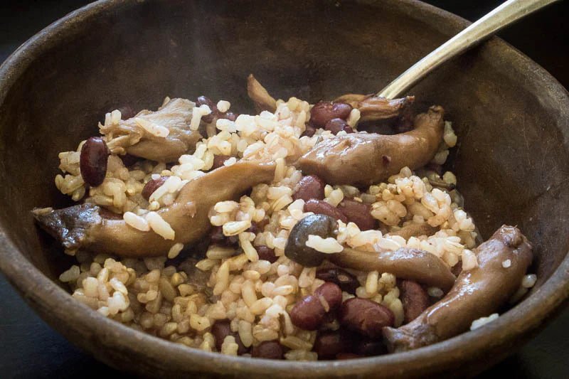 Slow Cooker Mushrooms with Domingo Rojo Beans and Brown Rice - Rancho Gordo