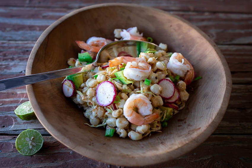 Rancho Gordo cooked Prepared Hominy with shrimp. 