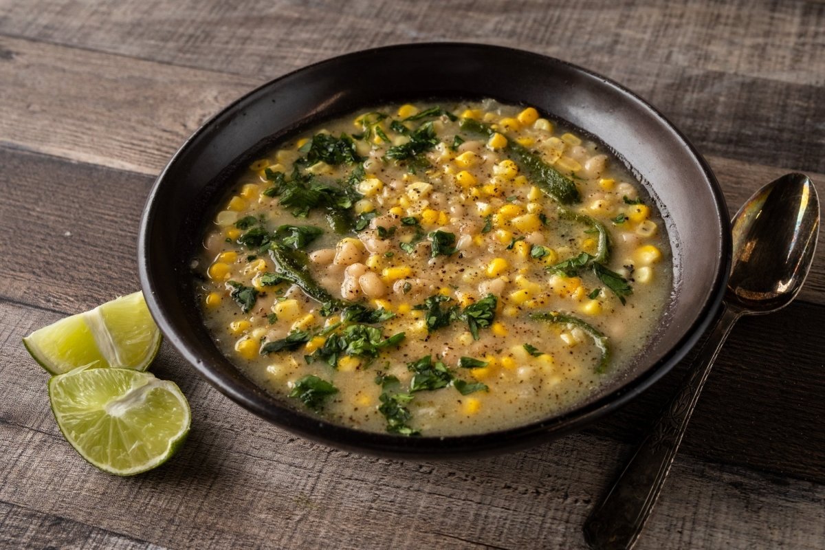 White Bean Soup with Corn and Poblano Strips - Rancho Gordo