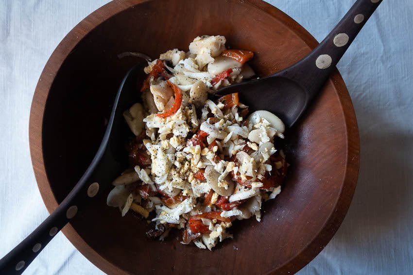White Lima Bean Salad with Cod, Roasted Peppers, and Sun Dried Tomatoes - Rancho Gordo