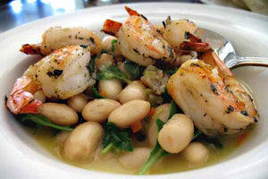 Grilled Shrimp with White Beans, Sausage & Arugula