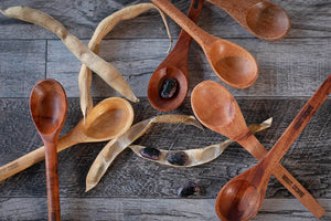 Small Wooden Spoon with dry beans and pods