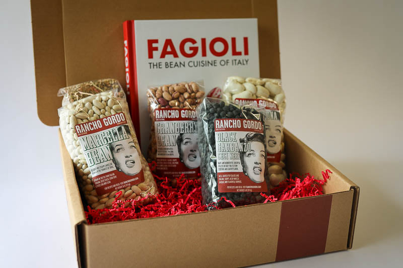 Fagioli Deluxe Gift Box- One pound of Marcella, Royal Corona, Cranberry, and Black Garbanzo. With a copy of Fagioli the bean cuisine of Italy cookbook 