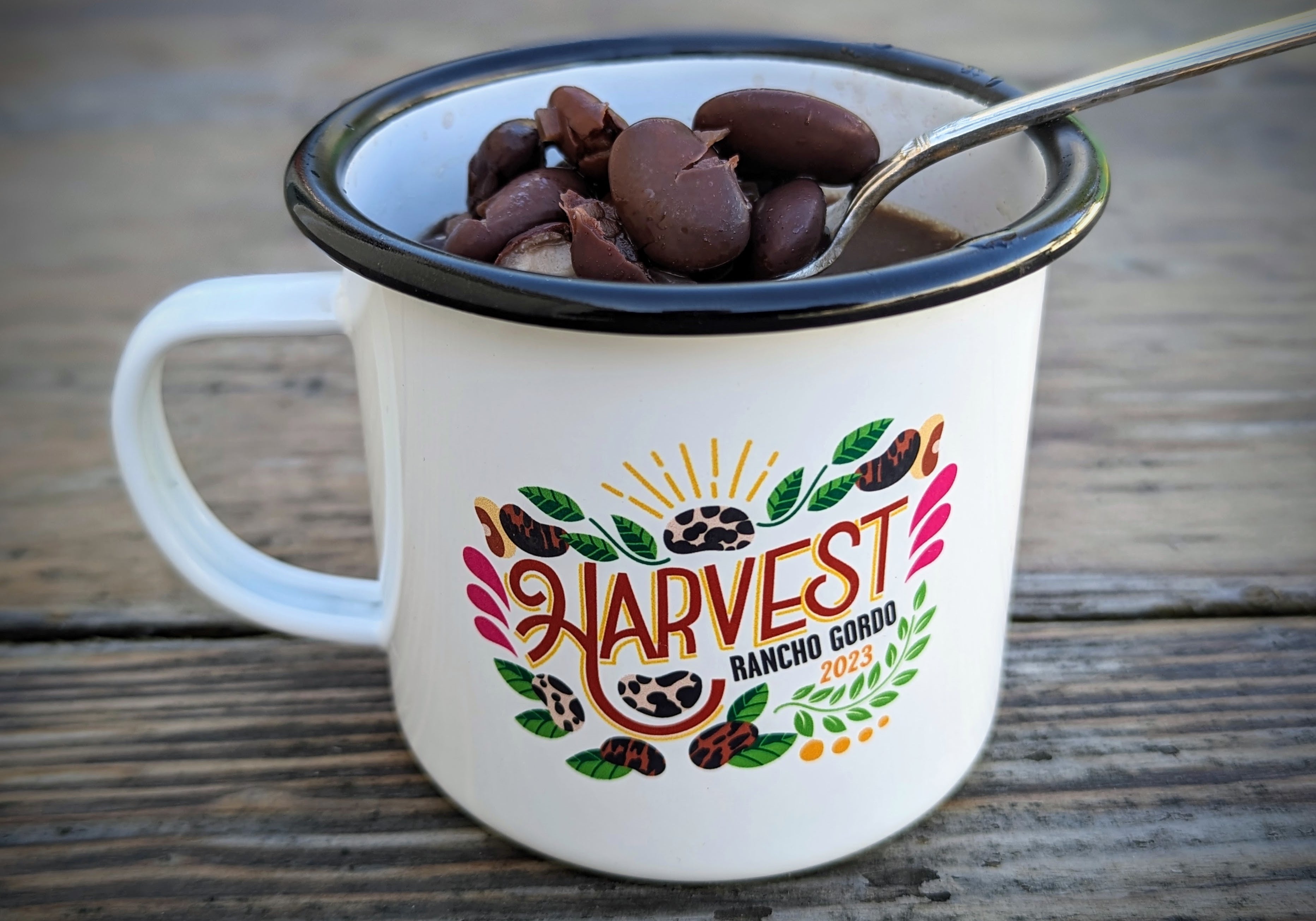 Rancho Gordo Harvest 2023 Enamel Mug with beans