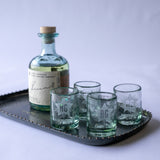 Handblown Shot Glass Set, with a bottle on a side.