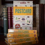 Five Heirloom Bean Postcards set with books in the background- Rancho Gordo 