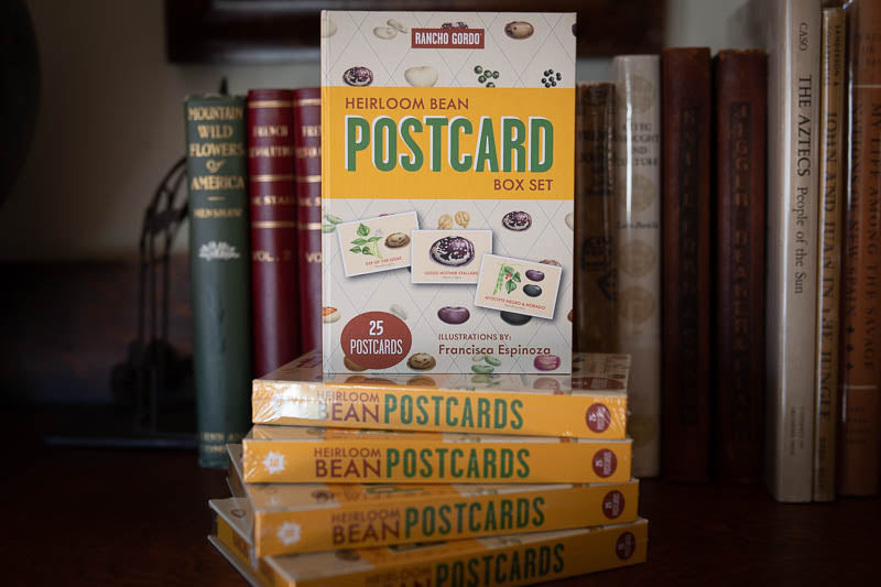 Five Heirloom Bean Postcards set with books in the background- Rancho Gordo 