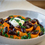 Cooked Scarlet Runner beans with roasted squash and garlic yogurt 