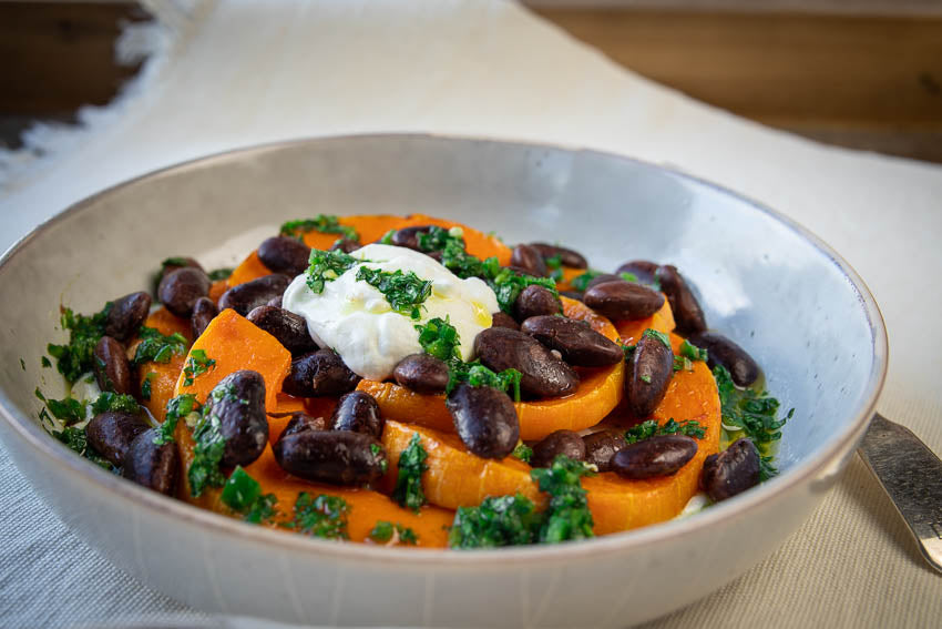 Cooked Scarlet Runner beans with roasted squash and garlic yogurt 