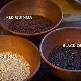 Three different bowls of Black Quinoa, Red Quinoa, and White Quinoa - Rancho Gordo