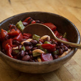 Bowl of cooked Domingo Rojo beans mixed with peppers and nopales, Rancho Gordo-Heirloom beans