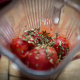 Oregano Indio on top of boiled tomatoes in a blender - Rancho Gordo