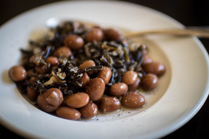 Cooked Good Mother Stallard beans mixed with Wild Rice, Rancho Gordo - Heirloom beans